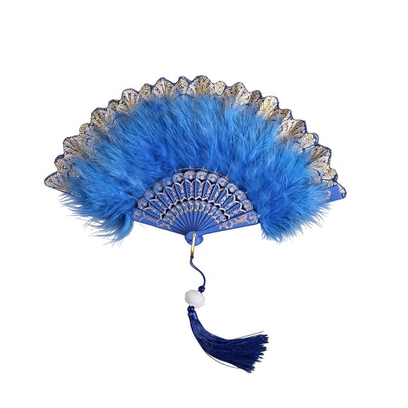Elegant Colorful Embroidered Flower Peacock Pattern Sequin Fabric Folding Handheld Hand Fan Hand-Crafted Blue