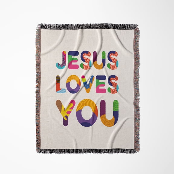 Elegant Colorful Text Jesus Loves You. A Beautiful Typography Gift, Woven Blanket