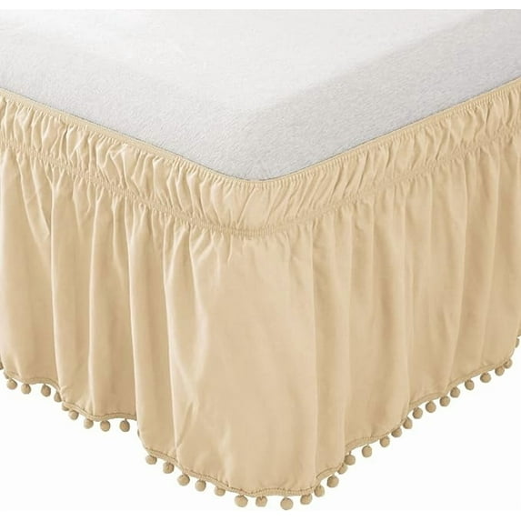 Elegant Comfort 1-Piece Ella Collection Pom-Pom Bed Skirt 16inch Drop, 1500 Series, Wrap Around Elastic for Easy Application, Wrinkle Resistant, Queen/King, Antique Beige