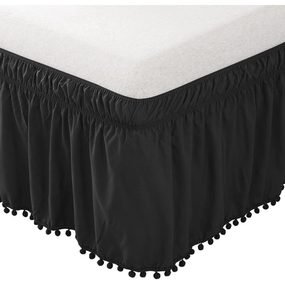 Elegant Comfort 1-Piece Ella Collection Pom-Pom Bed Skirt 16inch Drop, 1500 Thread Count Egyptian Quality, Wrap Around Elastic for Easy Application, Wrinkle Resistant, Queen/King, Black of Night