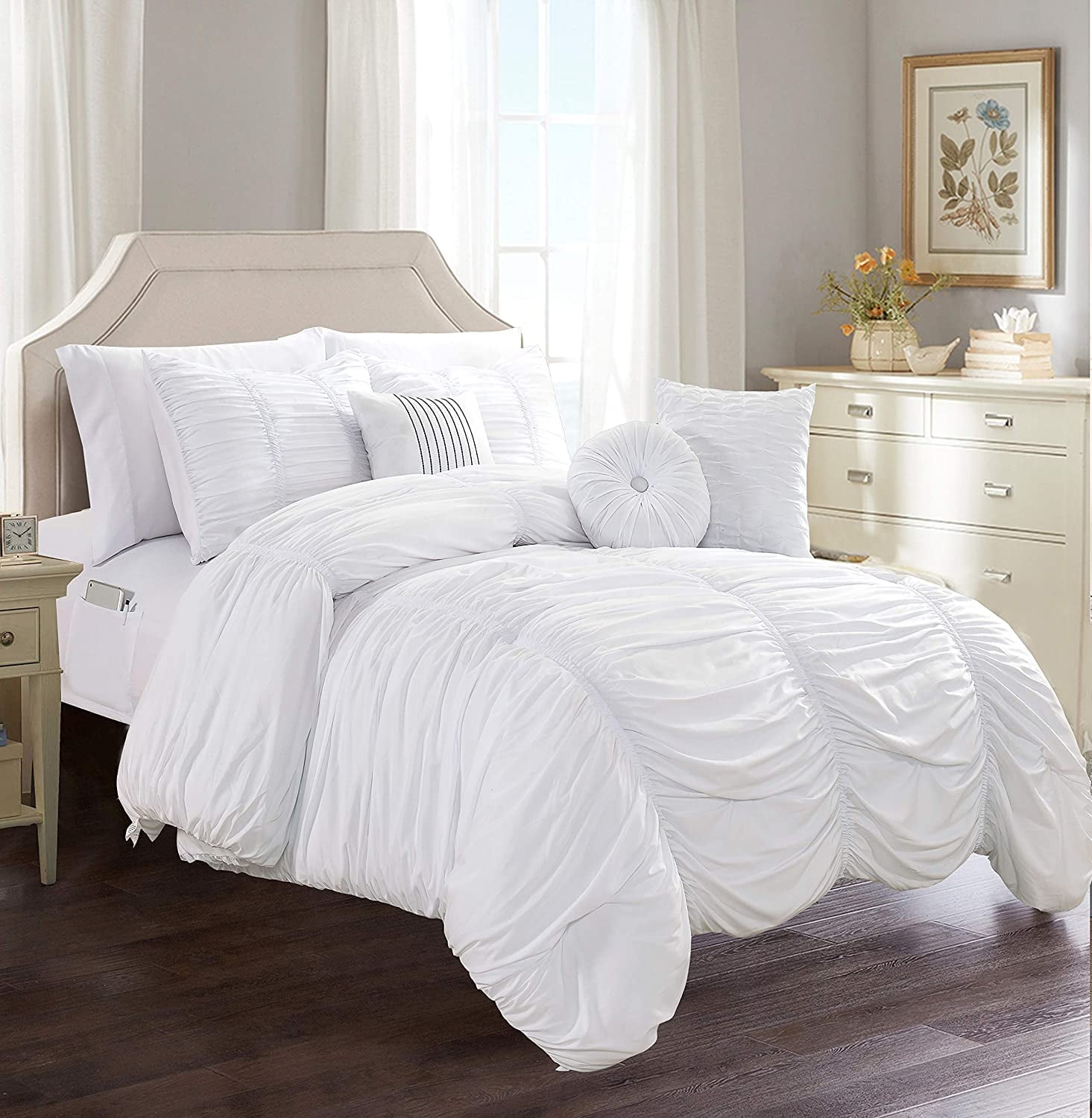 Elegant Comfort 10 Piece Bed Sheets Full White Pleated 2000 Series Microfiber
