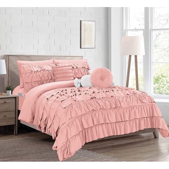 Elegant Comfort 10-Piece Bed-in-a-Bag, Multi-Ruffle Comforter Set, Includes Bed Sheet with Double Sided Storage Pockets & Decorative Pillows, Multi-Ruffle Comforter Twin Dusty Rose
