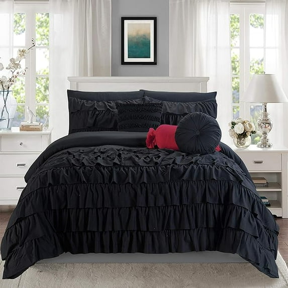 Elegant Comfort 10-Piece Bed-in-a-Bag, Multi-Ruffle Comforter Set, Includes Bed Sheet with Double Sided Storage Pockets & Decorative Pillows, Multi-Ruffle Comforter, Twin, Black