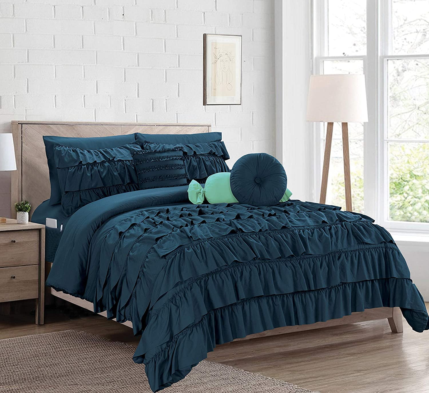 Elegant Comfort 10-Piece Bed-in-a-Bag, Multi-Ruffle Comforter Set, Includes Bed Sheet with Double Sided Storage Pockets & Decorative Pillows, Multi-Ruffle Comforter Twin Navy