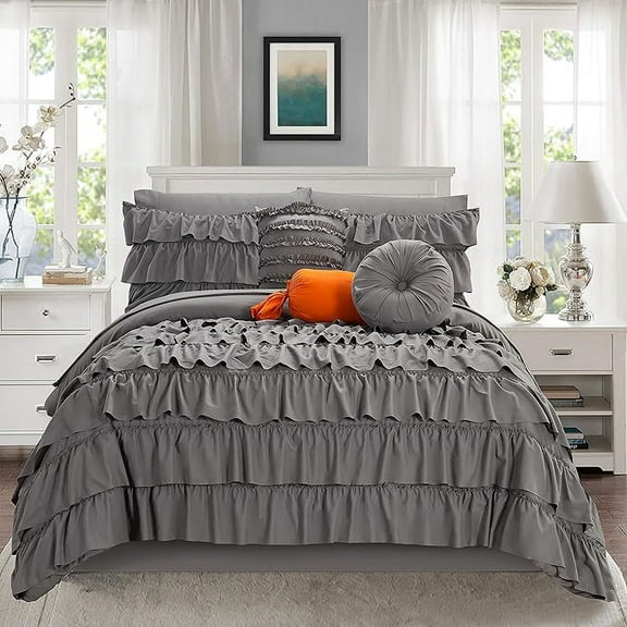 Elegant Comfort 10-Piece Bed-in-a-Bag, Multi-Ruffle Comforter Set, Includes Bed Sheet with Double Sided Storage Pockets & Decorative Pillows, Multi-Ruffle Comforter, Twin, Gray