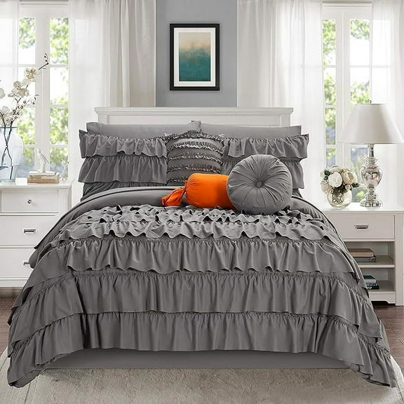 Elegant Comfort 10-Piece Bed-in-a-Bag, Multi-Ruffle Comforter Set, Includes Bed Sheet with Double Sided Storage Pockets & Decorative Pillows, Multi-Ruffle Comforter, Twin XL, Gray