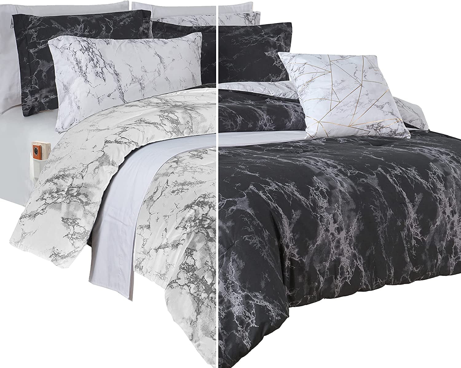 Elegant Comfort 10-Piece Bed-in-a-Bag, Multi-Ruffle Comforter Set, Includes Bed Sheet with Double Sided Storage Pockets & Decorative Pillows, Multi-Ruffle Comforter, King, Black/White
