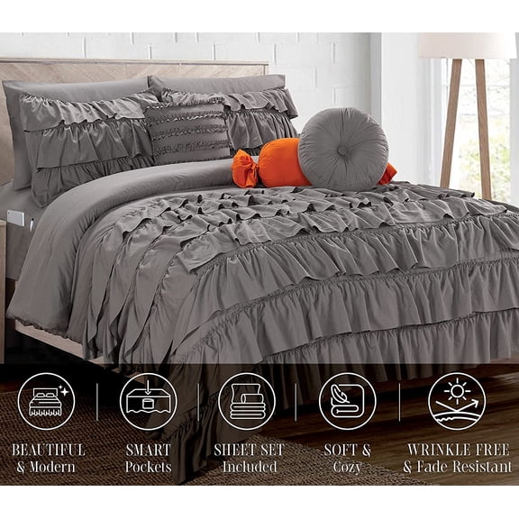Elegant Comfort 10-Piece Bed-in-a-Bag, Multi-Ruffle Comforter Set, Includes Bed Sheet with Double Sided Storage Pockets & Decorative Pillows, Multi-Ruffle Comforter Queen Gray