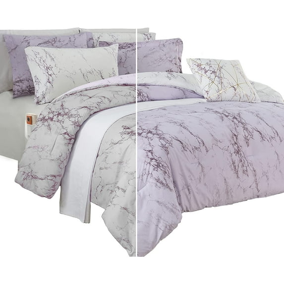 Elegant Comfort 10-Piece Bed-in-a-Bag, Multi-Ruffle Comforter Set, Includes Bed Sheet with Double Sided Storage Pockets & Decorative Pillows, Multi-Ruffle Comforter, Full/Queen, Lilac/Purple