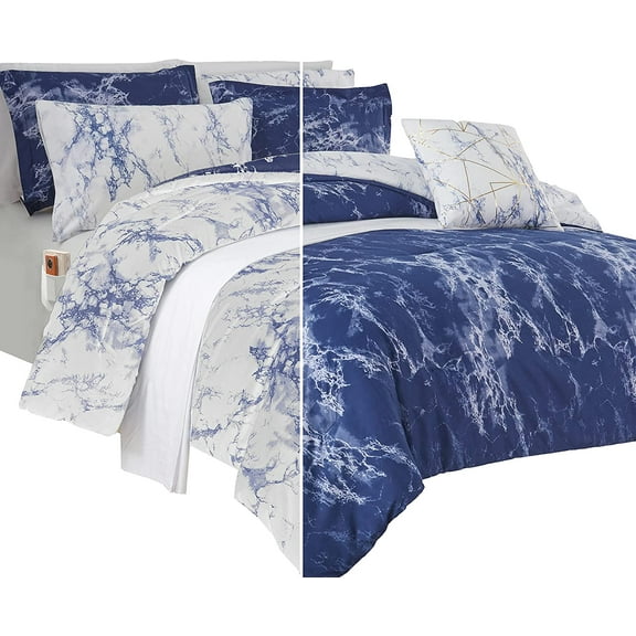 Elegant Comfort 10-Piece Bed-in-a-Bag, Multi-Ruffle Comforter Set, Includes Bed Sheet with Double Sided Storage Pockets & Decorative Pillows, Multi-Ruffle Comforter, Full/Queen, Blue/White