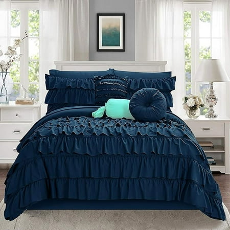 Elegant Comfort 10-Piece Bed-in-a-Bag, Multi-Ruffle Comforter Set, Includes Bed Sheet with Double Sided Storage Pockets & Decorative Pillows, Multi-Ruffle Comforter, Full/Queen, Navy