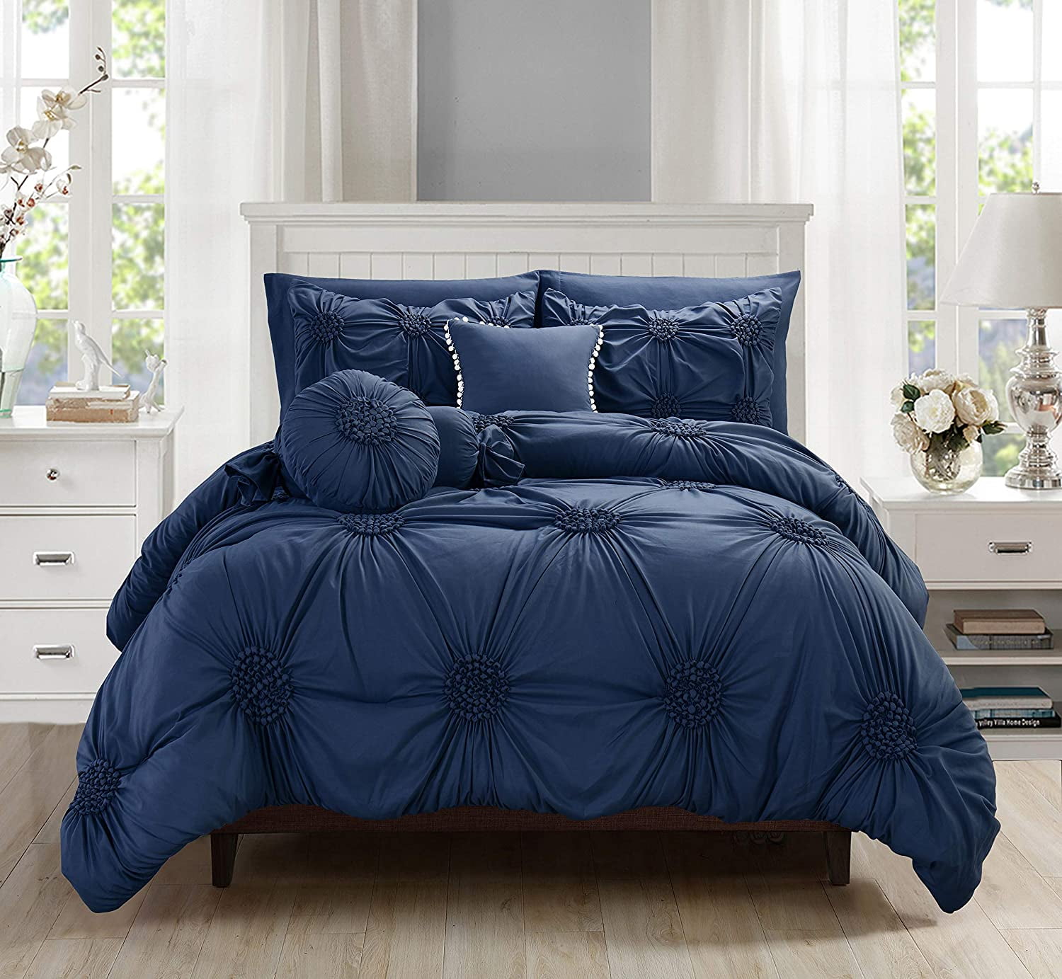 Elegant Comfort 10 Piece Navy Blue Sunflower Bed in a Bag, Queen