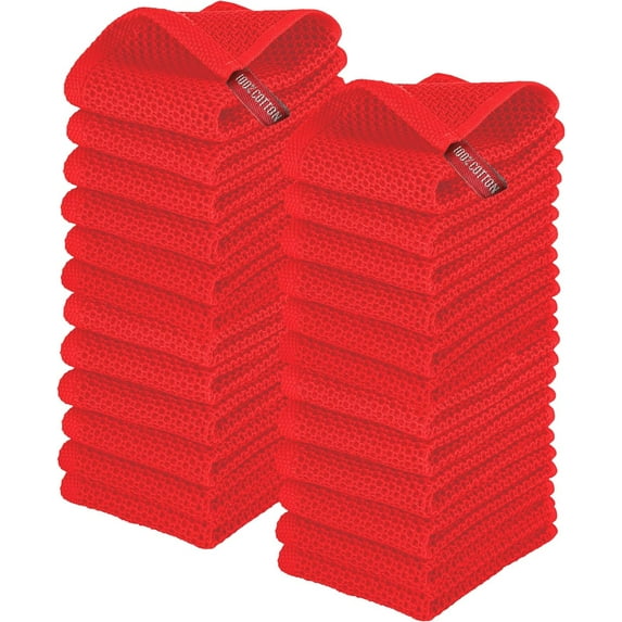Elegant Comfort 100% Cotton 18-Pack Waffle Premium Kitchen Towels Cleaning Towels, 13 x 13, Red