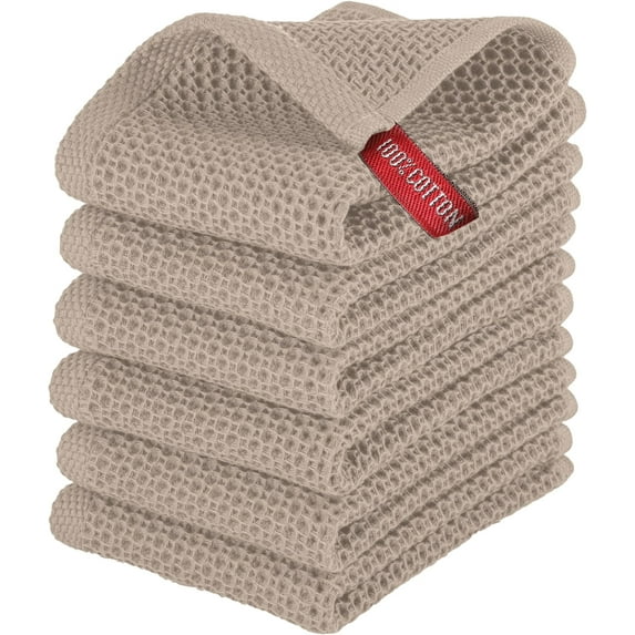 Elegant Comfort 100% Cotton 6-Pack Waffle Premium Kitchen Towels Cleaning Towels, 13 x 13, Taupe