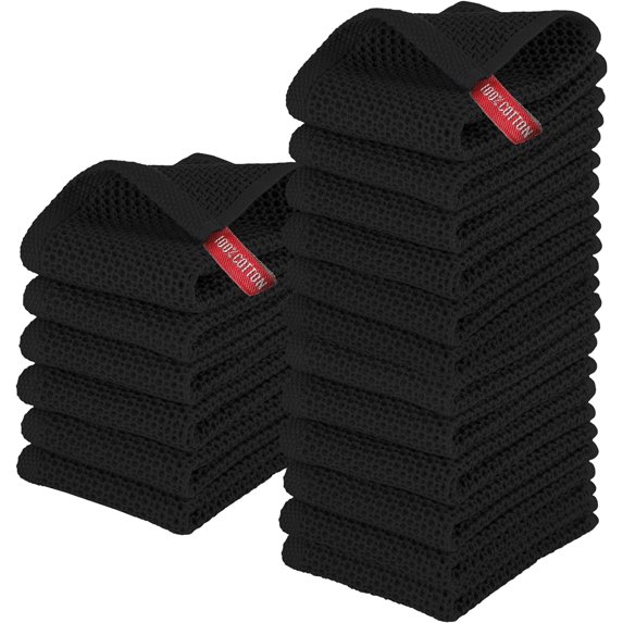 Elegant Comfort 100% Turkish Cotton 18-Pack Waffle Kitchen Towels - Quick Drying and Absorbent Kitchen Dishcloth Towels, Soft Multi-Purpose Cleaning Towels, 13 x 13, Black
