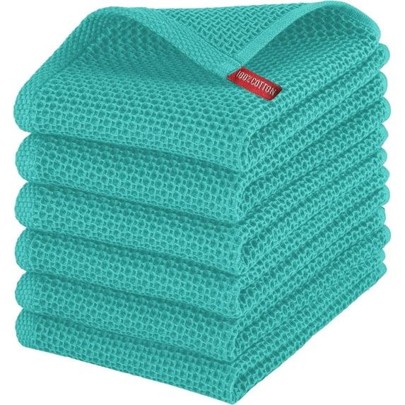 Elegant Comfort 100% Cotton 6-Pack Waffle Premium Kitchen Towels Cleaning Towels, 13 x 13, Turquoise