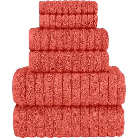 Elegant Comfort 100% Turkish Cotton Corduroy Ribbed Luxury Bath Towels 6-Piece Set, Premium Feel - Quick Dry, Highly Absorbent, Contains 2 Bath Towels, 2 Hand Towels, and 2 Washcloths, Coral