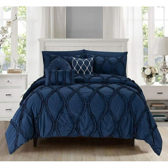 Elegant Comfort 10pc Bedding-in-a-Bag Infinity Design Comforter Set, Ultra Soft Bed Set Featuring Decorative Pillows and Fitted Sheet , Storage Pockets, Infinity Comforter, Full/Queen, Midnight Navy