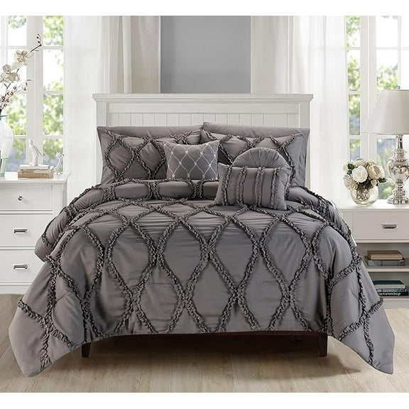 Elegant Comfort 10pc Bedding-in-a-Bag Infinity Design Comforter Set, Ultra Soft Bed Set Featuring Decorative Pillows and Fitted Sheet , Storage Pockets, Infinity Comforter, Full/Queen, Basalt Gray