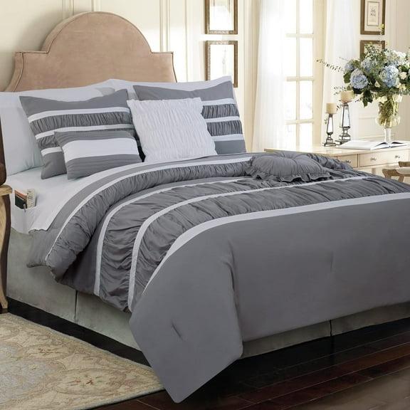 Elegant Comfort 12-Piece Bed-in-a-Bag, Isabella Pleated Ruched Ruffled Comforter Set, 6-Piece Sheet Set Featuring Smart Pockets, Decorative Pillows, All Season Bedding, California King, Silver