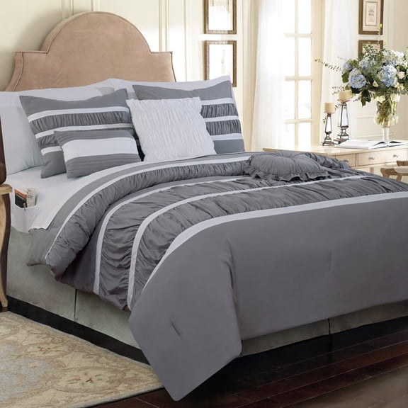 Elegant Comfort 12-Piece Bed-in-a-Bag, Isabella Pleated Ruched Ruffled Comforter Set, 6-Piece Sheet Set Featuring Smart Pockets, Decorative Pillows, All Season Bedding, California King, Silver