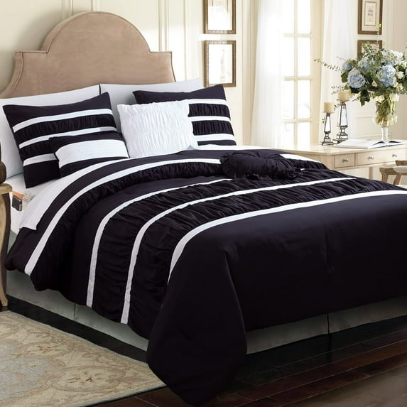 Elegant Comfort 12-Piece Bed-in-a-Bag, Isabella Pleated Ruched Ruffled Comforter Set, 6-Piece Sheet Set Featuring Smart Pockets, Matching Decorative Pillows, All Season Bedding, Queen, Black