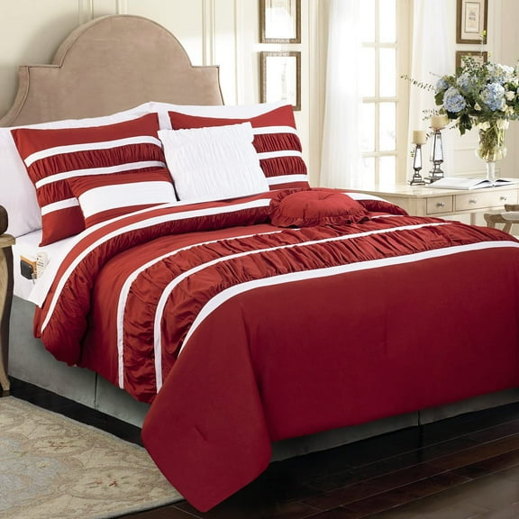 Elegant Comfort 12-Piece Bed-in-a-Bag, Isabella Pleated Ruched Ruffled Comforter Set, 6-Piece Sheet Set Featuring Smart Pockets, Matching Decorative Pillows, All Season Bedding, King, Burgundy