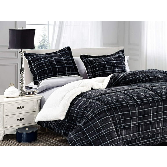 Elegant Comfort 1500 Premier Hotel Collection 3 Pieces Comforter Set Queen, Black Plaid