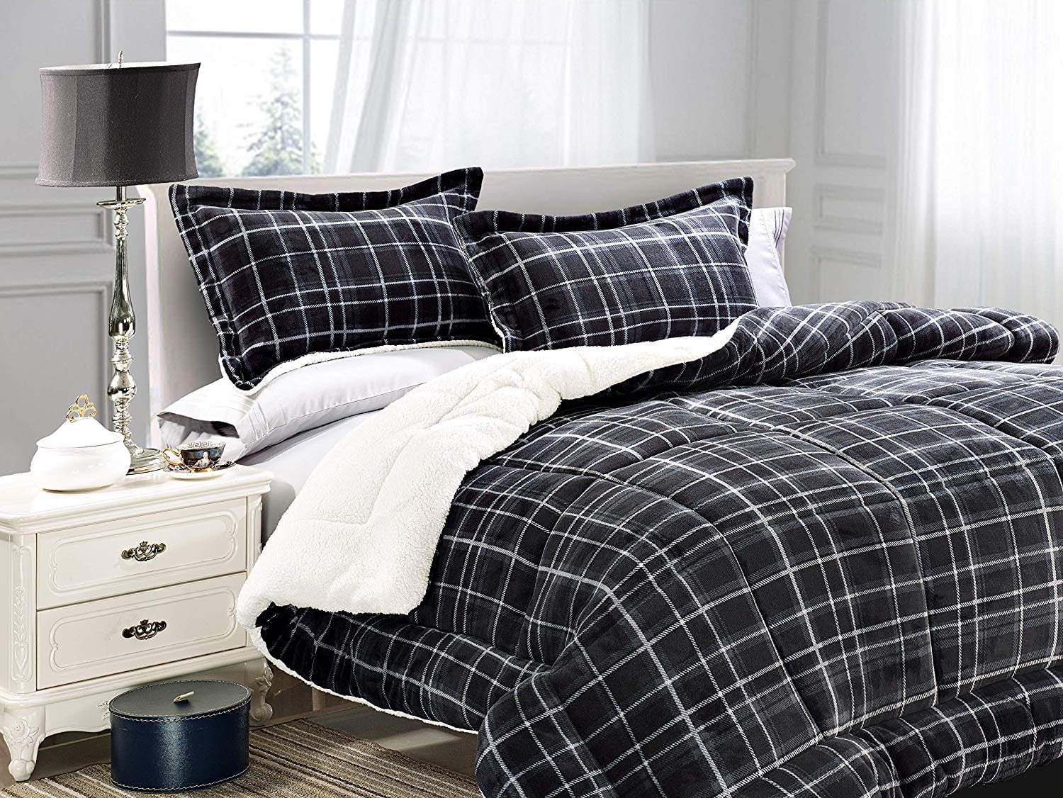 Elegant Comfort 1500 Premier Hotel Collection Queen Comforter Set Gray Plaid