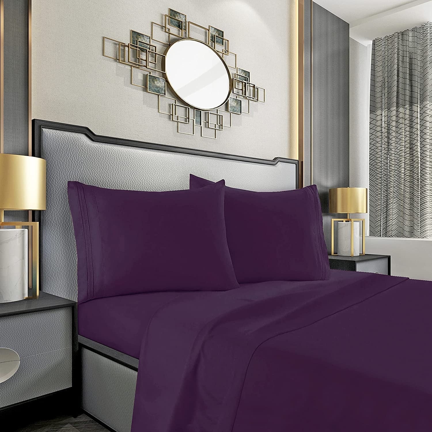 Elegant Comfort 3-Line Design 1500 Series Egyptian Quality Wrinkle and Fade Resistant 4-Piece Bed Sheet set, Deep Pocket, - King, Purple