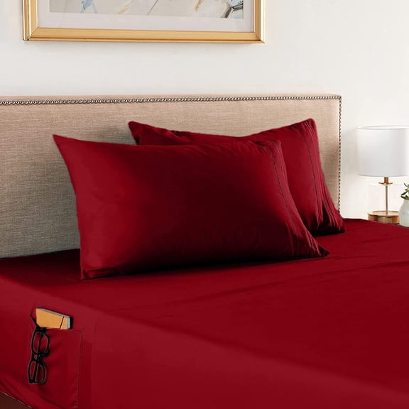 Elegant Comfort 1500 Series 4-Piece Smart Sheet Set with Side Storage Pockets, Full, Burgundy