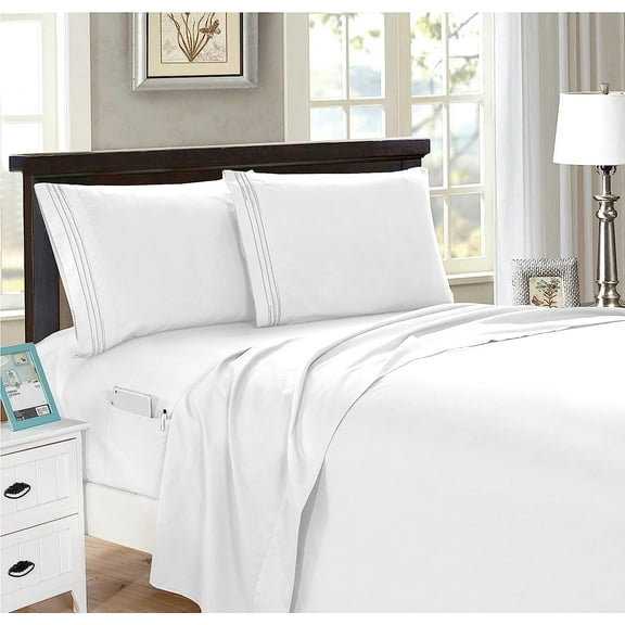 Elegant Comfort 1500 Series 4-Piece Smart Sheet Set with Side Storage Pockets, Full, White