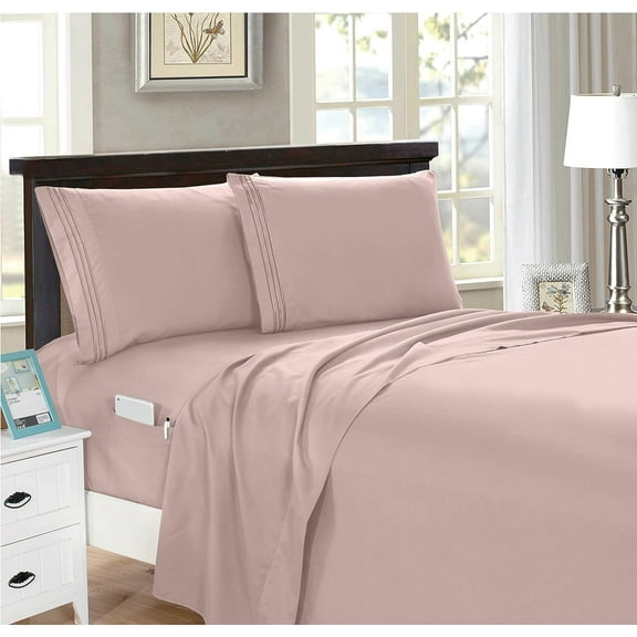 Elegant Comfort 1500 Series 4-Piece Smart Sheet Set with Side Storage Pockets, King, Dusty Rose