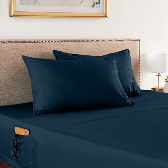 Elegant Comfort 1500 Series 4-Piece Smart Sheet Set with Side Storage Pockets, Queen, Navy Blue