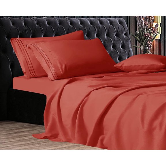 Elegant Comfort 1500 Series Wrinkle & Fade Resistant Ultra Soft 5-Piece Bed Sheet Set with Deep Pockets, Split King Orange / Rust