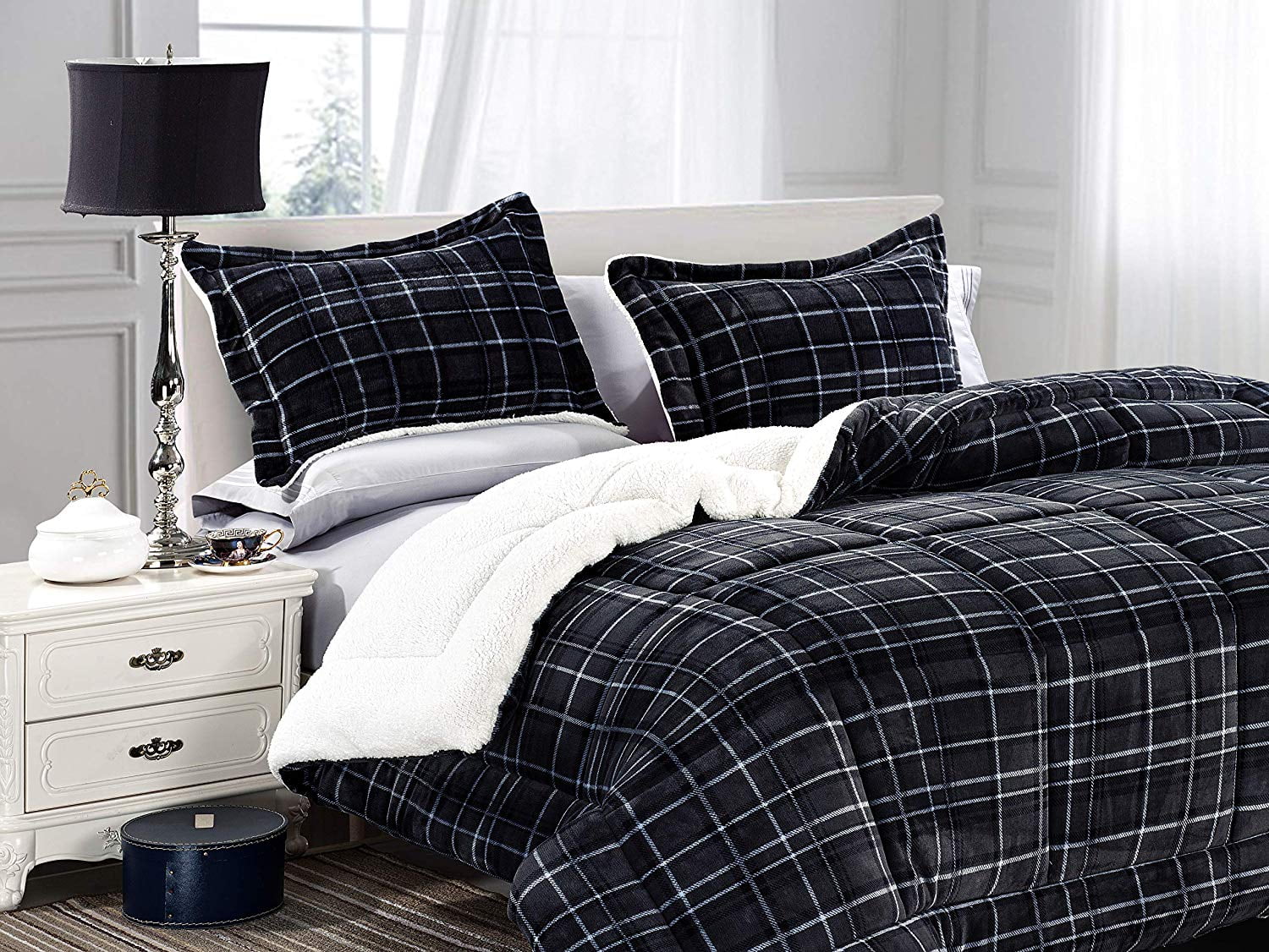 Elegant Comfort 1500 Thread Count 3 Pieces Comforter Set Full, Black Plaid