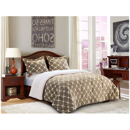 Elegant Comfort 1500 Thread Count Solid Print 3 Piece Sherpa Comforter Full, Mocha