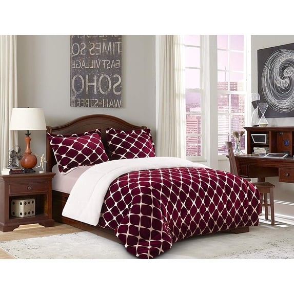 Elegant Comfort 1500 Thread Count Solid Print 3 Piece Sherpa Comforter Twin, Burgundy