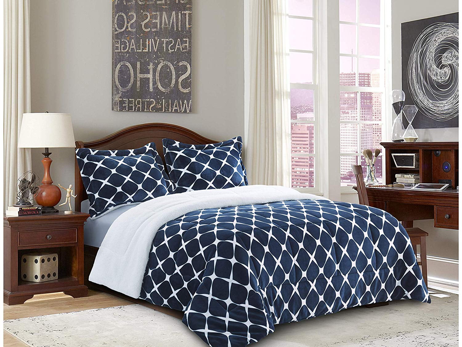 Elegant Comfort 1500 Thread Count Solid Print 3 Piece Sherpa Comforter Twin Navy