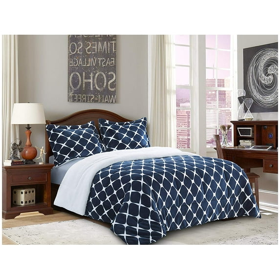 Elegant Comfort 1500 Thread Count Solid Print 3 Piece Sherpa Comforter Twin, Navy