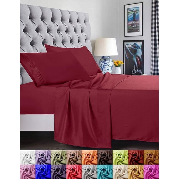 Elegant Comfort 1800 Series 4-Piece Deep Pocket Bed Sheet Set, Ultra Soft Microfiber, Wrinkle & Fade Resistant Red Stripes