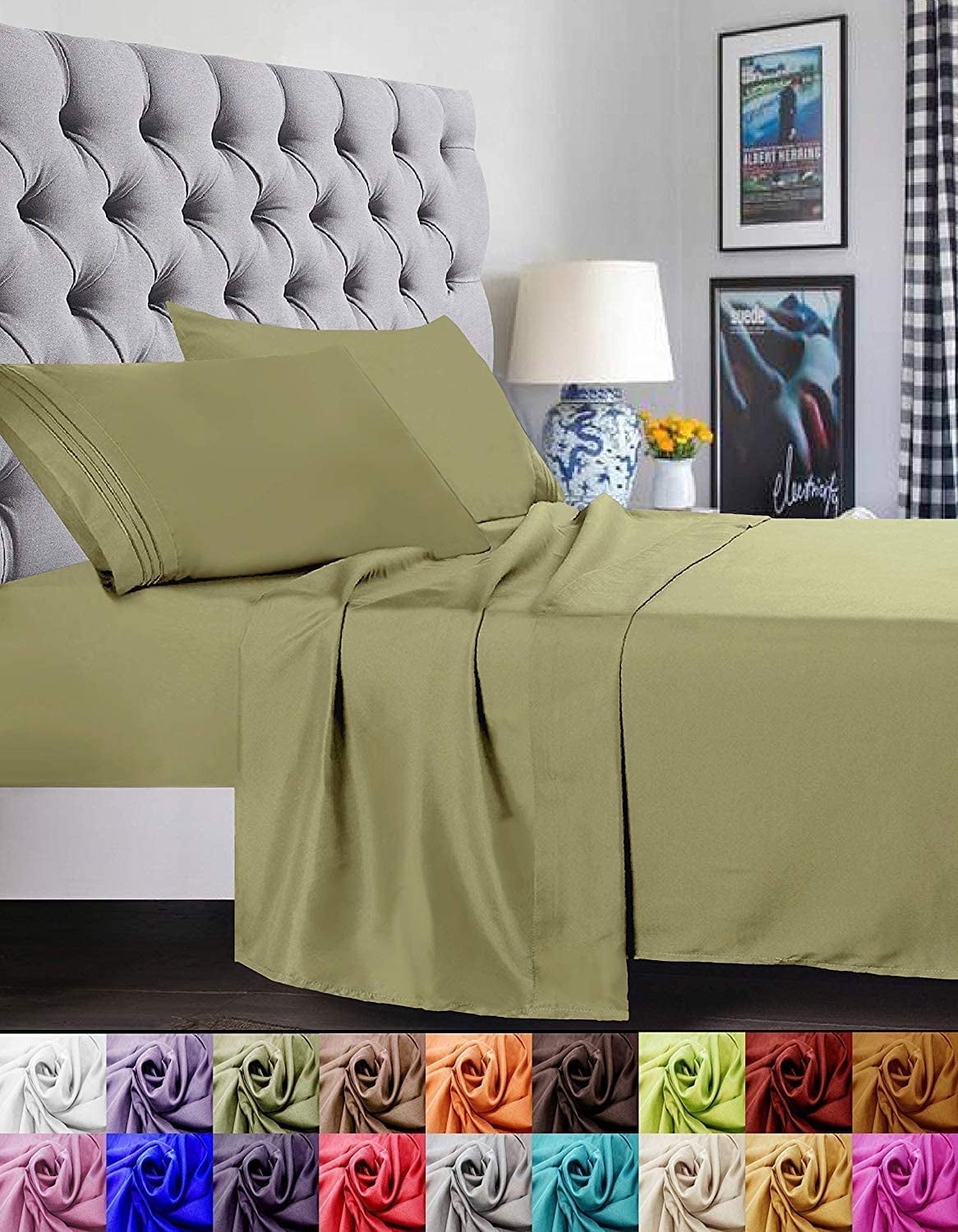Elegant Comfort 1800 Series Deep Pocket 6pc Bed Sheet Set , Split King , Sage/Green