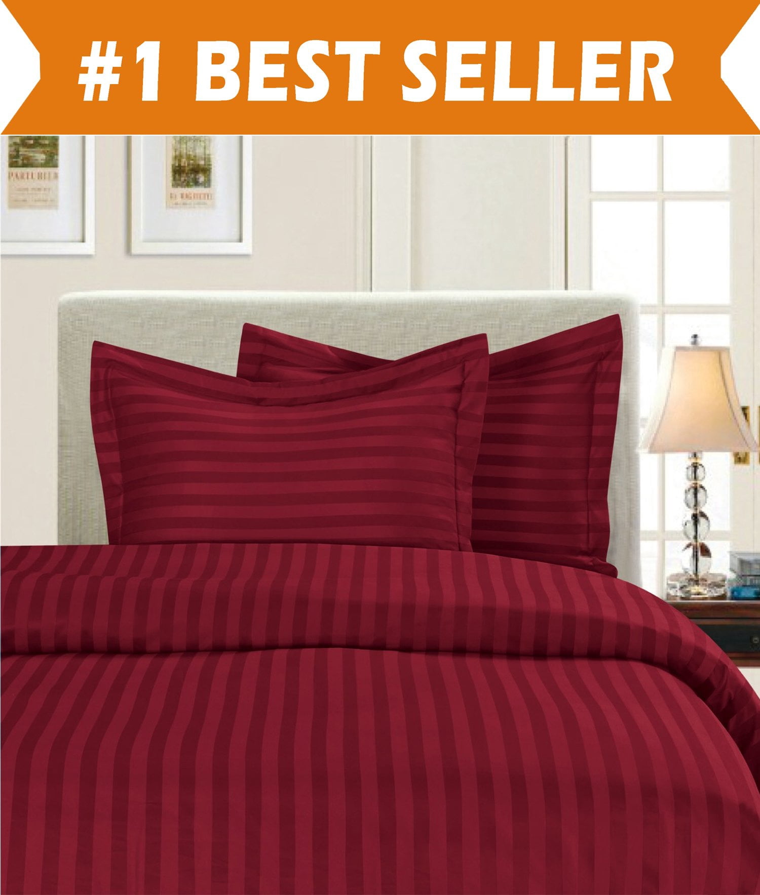 Elegant Comfort, 1800 Thread Count Damask Stripe Duvet Set, Full/Queen, Burgundy