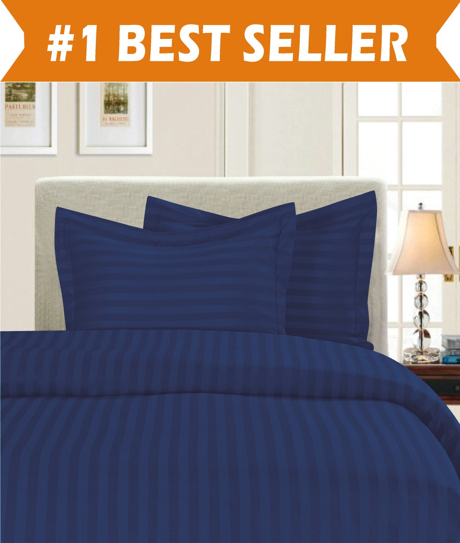 Elegant Comfort, 1800 Thread Count Damask Stripe Duvet Set, Full/Queen, Navy Blue