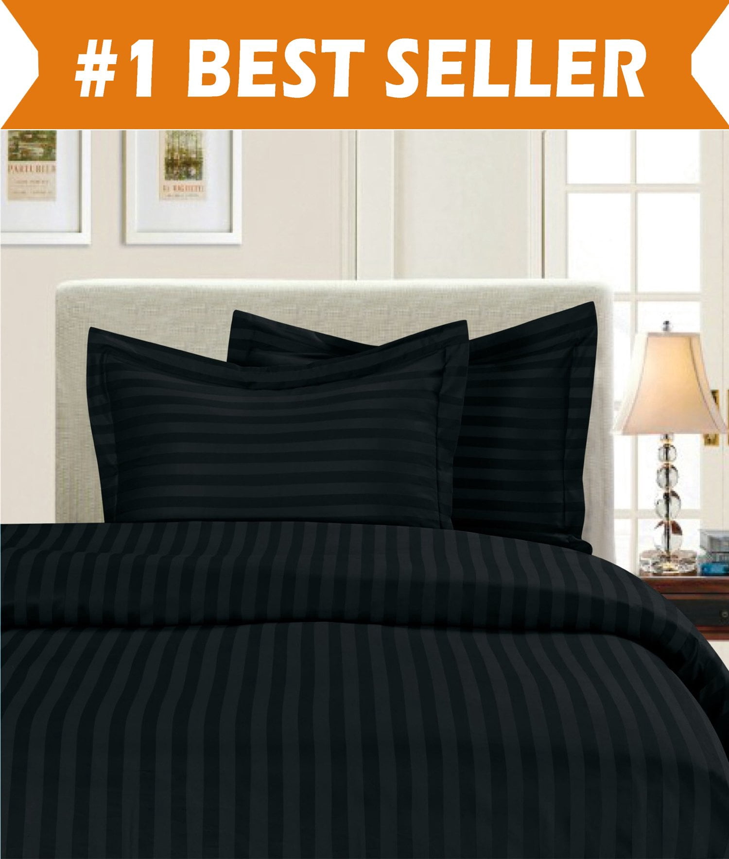 Elegant Comfort, 1800 Thread Count Damask Stripe Duvet Set, Twin/Twin XL, Black
