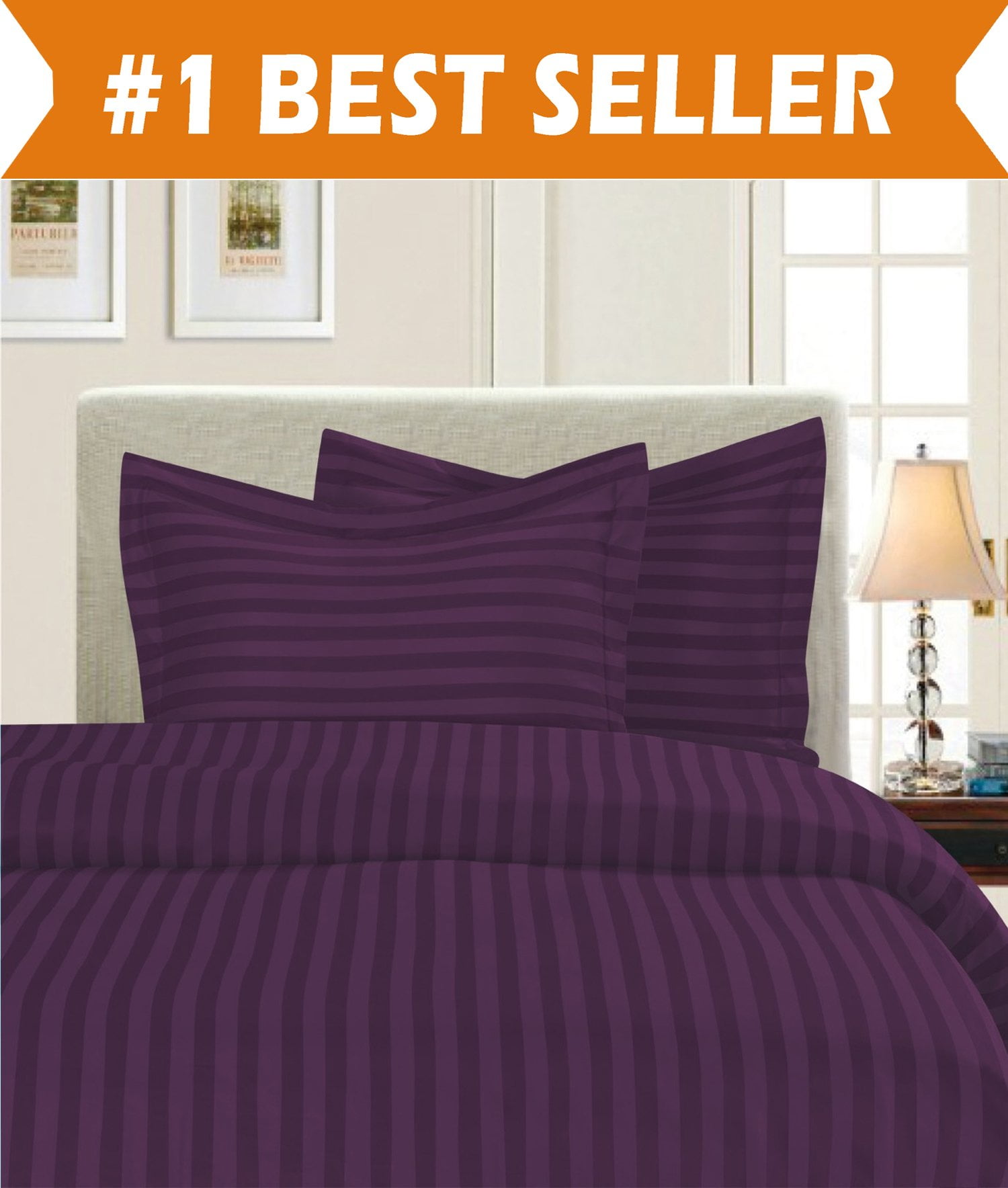 Elegant Comfort, 1800 Thread Count Damask Stripe Duvet Set, Twin/Twin XL, Eggplant/Purple, Purple, STRIPE DUVET
