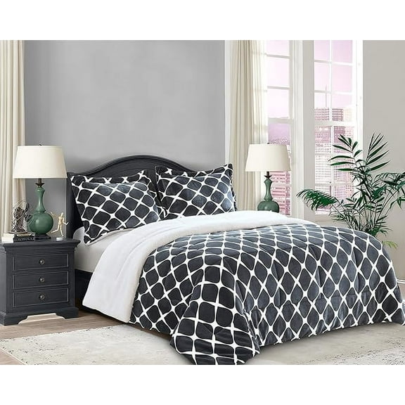 Elegant Comfort 2-Piece Luna Ogee Pattern Collection, Reversible Sherpa Comforter, Soft, Breathable & comfy Fabric, High Quality Micro-Suede, Ogee Pattern Sherpa Comforter, Twin XL, Charcoal Gray