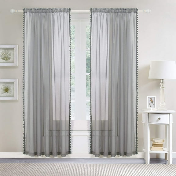 Elegant Comfort (2-Piece) Multipurpose Pom Pom Drapes, Semi-Sheer Window Curtains with 2 inch Rod Pocket, 60 X 84 inches, Gray