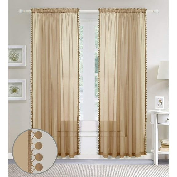 Elegant Comfort 2 Piece Pom Pom Curtains Polyester Beige 1500 Thread Count
