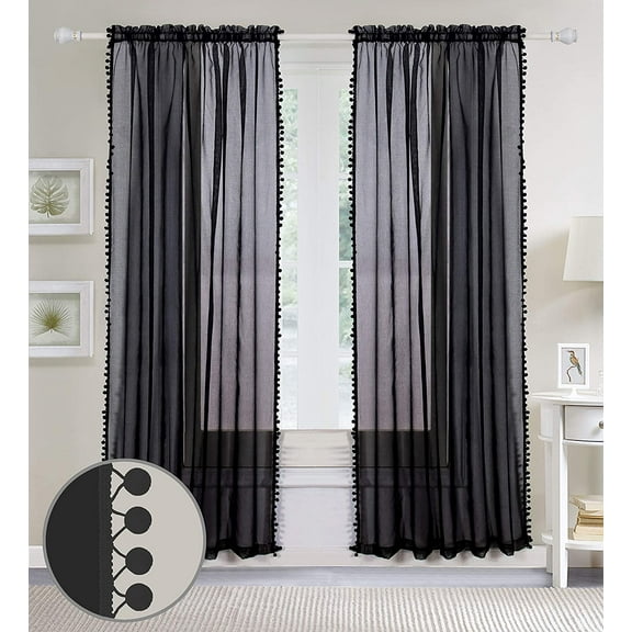 Elegant Comfort 2 Piece Pom Pom Curtains Polyester Black 1500 Thread Count